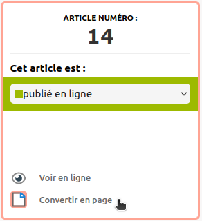 Capture d'écran du lien de conversion d'un article en page unique